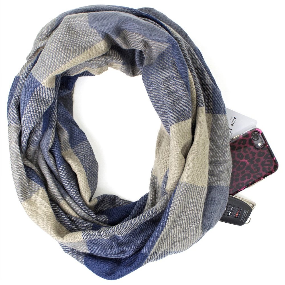Indigo Plaid Infinity Scarf with Hidden Zipper Pocket Scarf